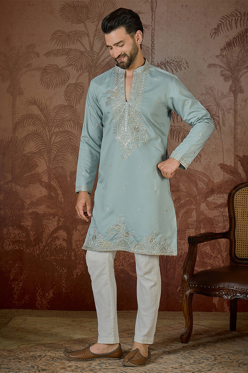 Turquoise Blue Silk Blend Solid Embroidered Sequins Kurta MKU2507