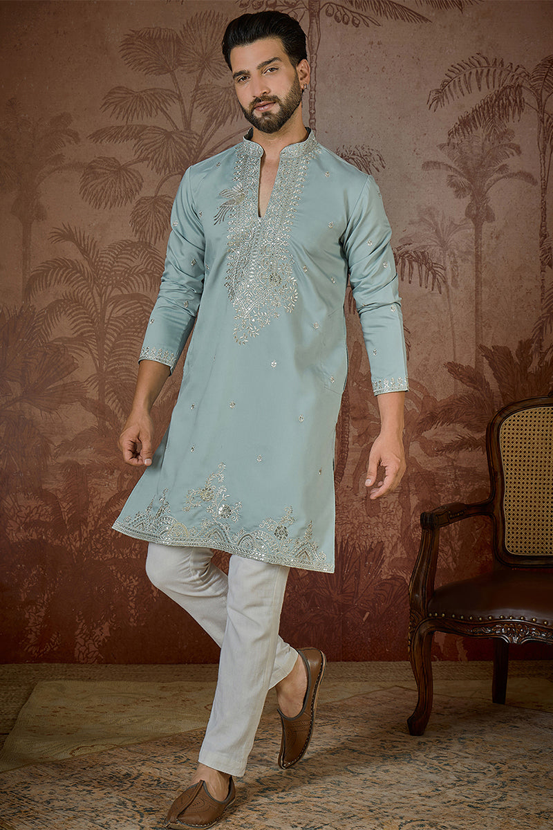 Turquoise Blue Silk Blend Solid Embroidered Sequins Kurta MKU2507