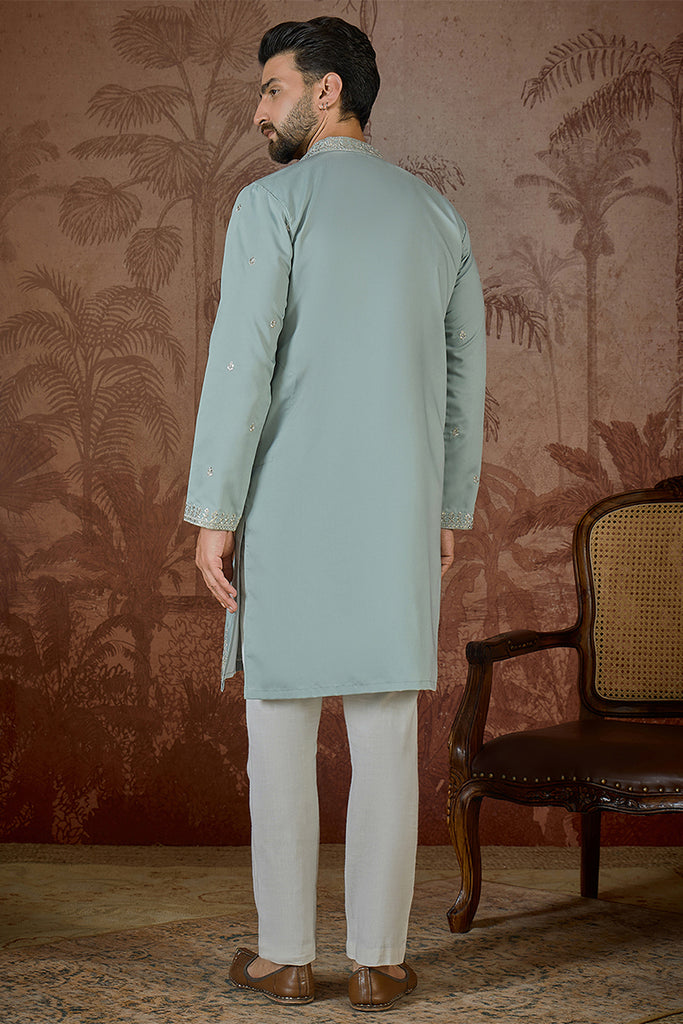 Turquoise Blue Silk Blend Solid Embroidered Sequins Kurta MKU2507