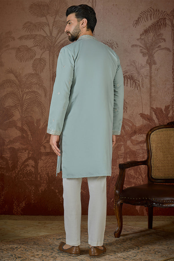 Turquoise Blue Silk Blend Solid Embroidered Sequins Kurta MKU2507