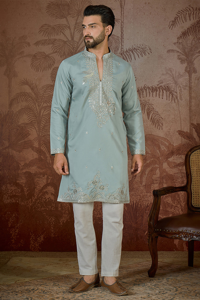 Turquoise Blue Silk Blend Solid Embroidered Sequins Kurta MKU2507