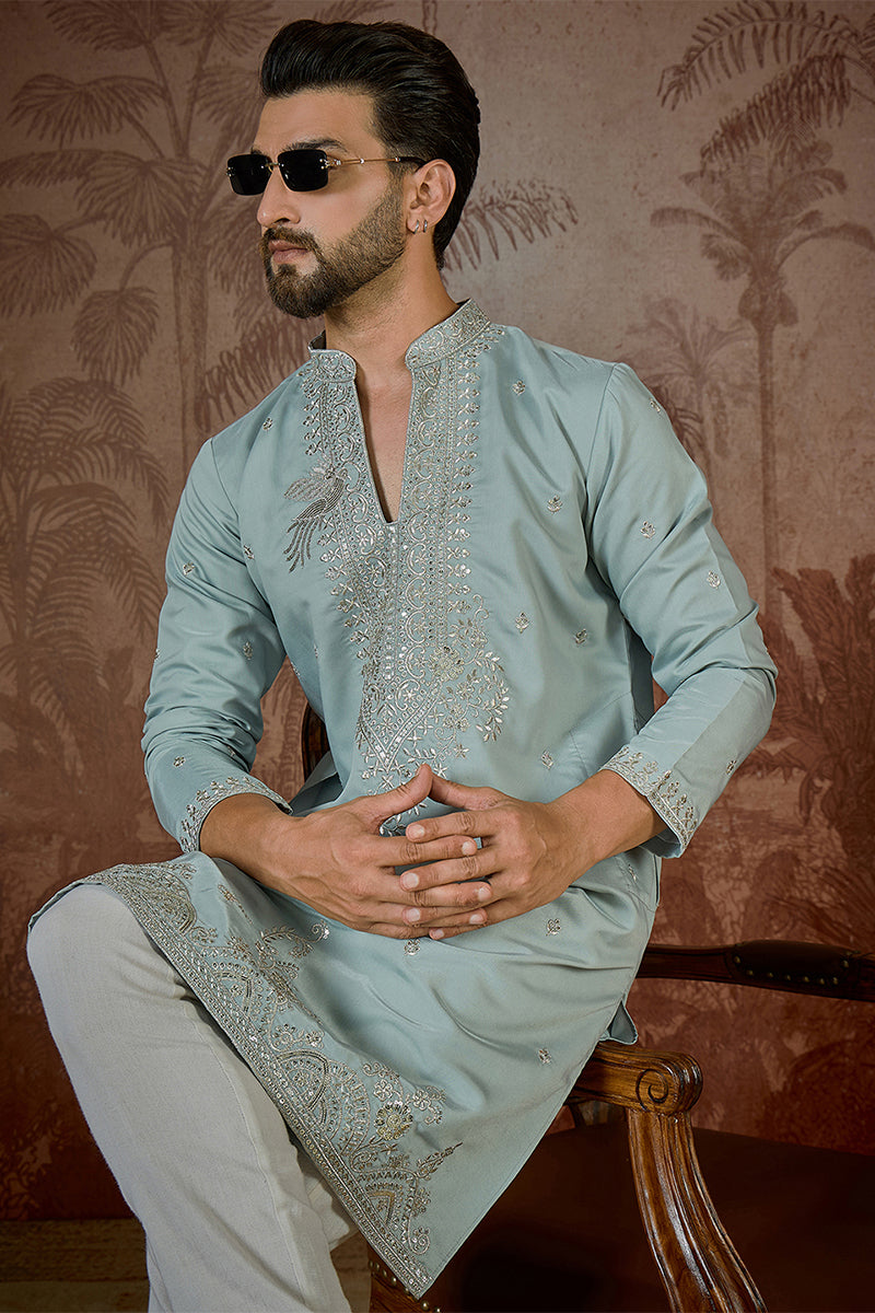Turquoise Blue Silk Blend Solid Embroidered Sequins Kurta MKU2507