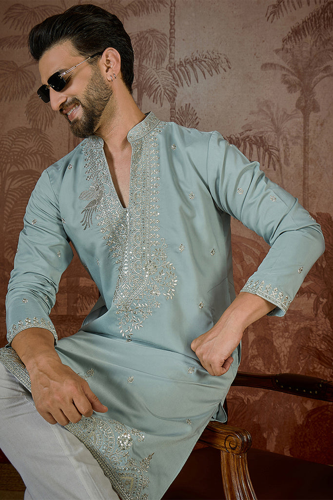 Turquoise Blue Silk Blend Solid Embroidered Sequins Kurta MKU2507