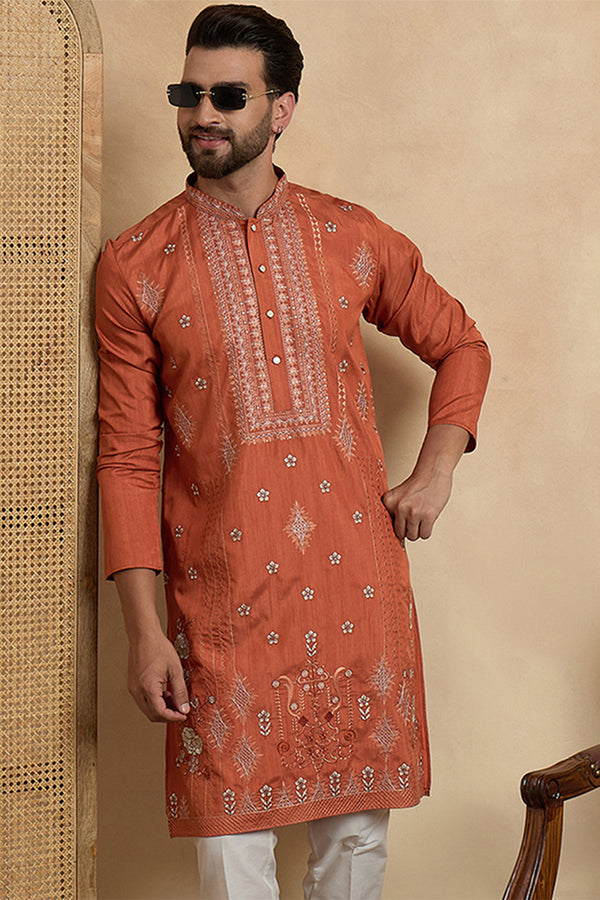 Orange Silk Blend Solid Embroidered Straight Kurta MKU2524