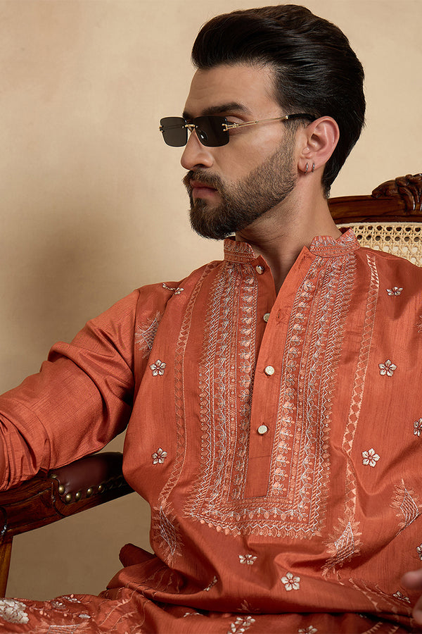 Orange Silk Blend Solid Embroidered Straight Kurta MKU2524