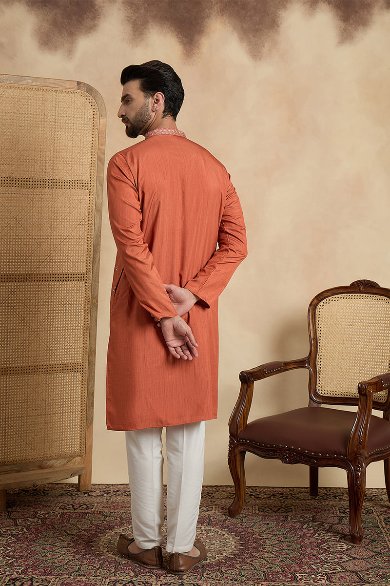 Orange Silk Blend Solid Embroidered Straight Kurta With Trouser MKSET2524
