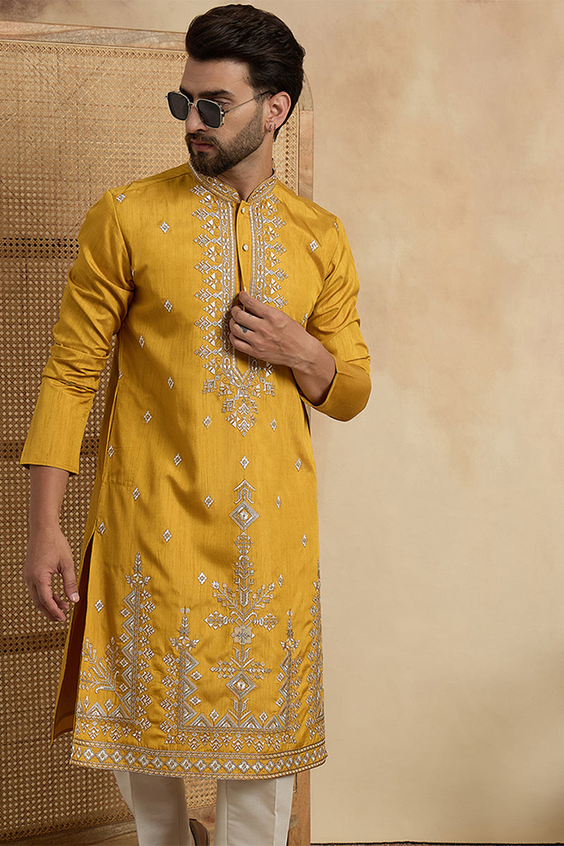 Yellow Silk Blend Solid Embroidered Straight Kurta MKU2525