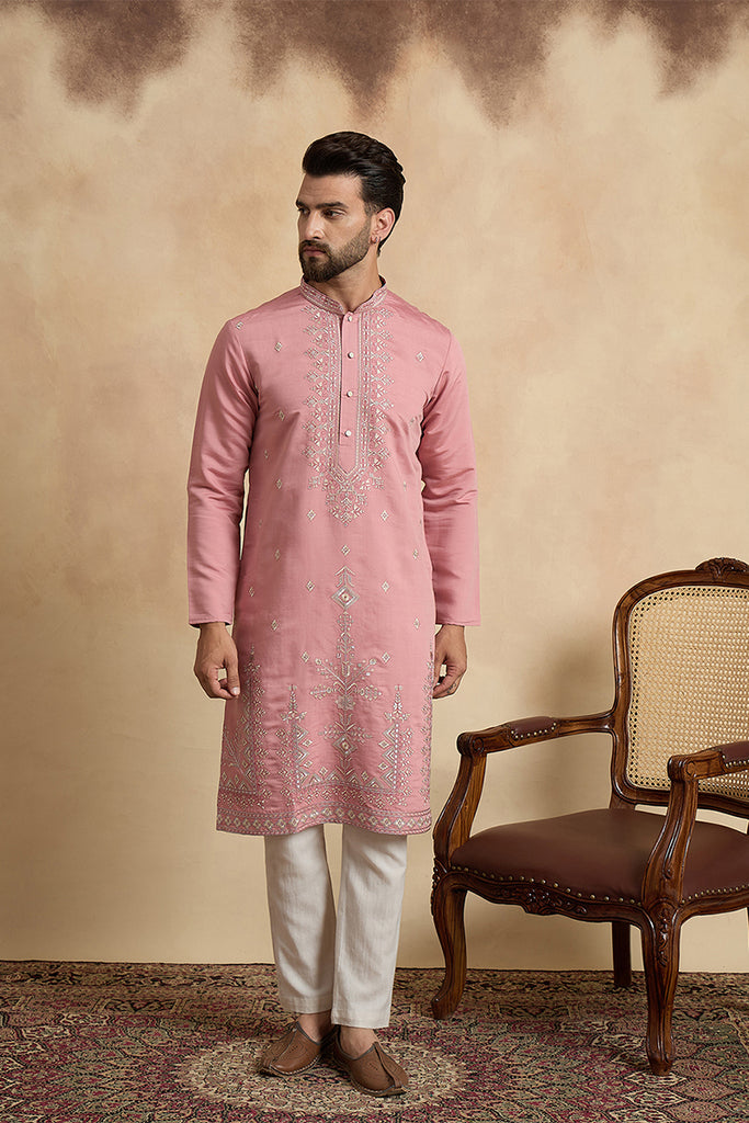 Pink Silk Blend Solid Embroidered Straight Kurta With Trouser MKSET2526