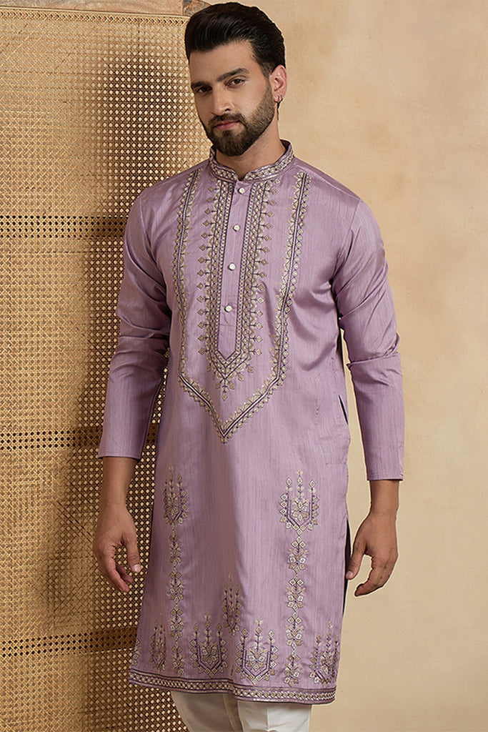 Lavender Silk Blend Solid Embroidered Straight Kurta With Trouser MKSET2527