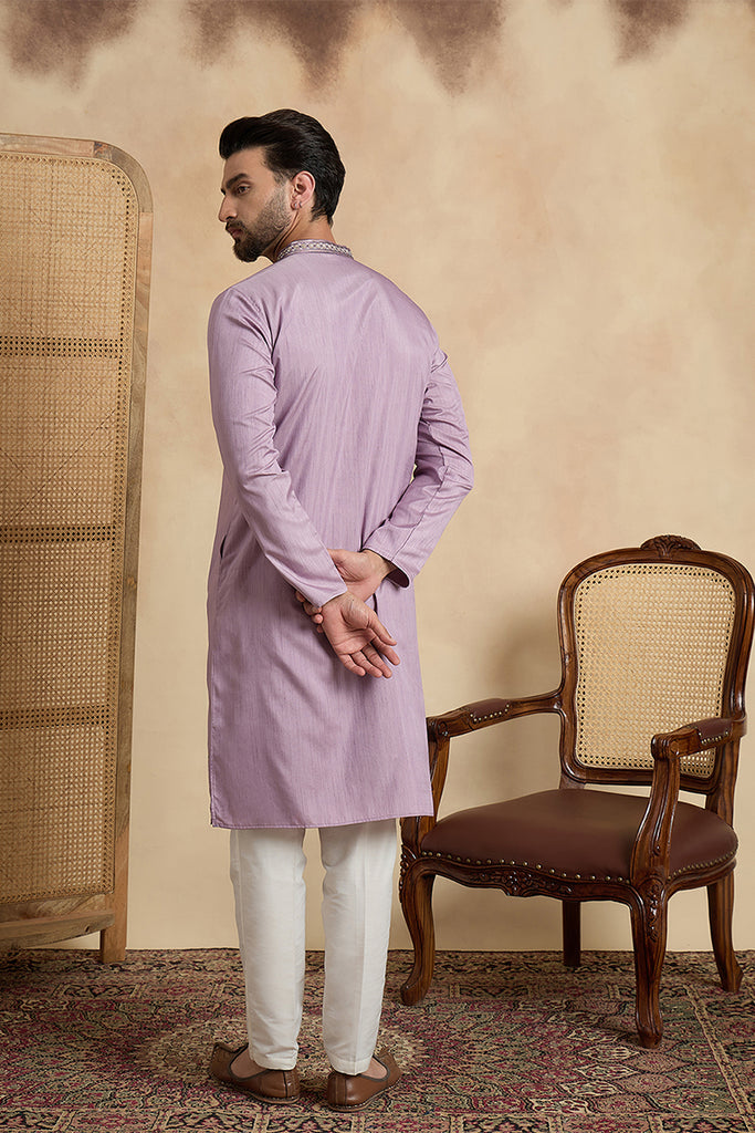 Lavender Silk Blend Solid Embroidered Straight Kurta With Trouser MKSET2527