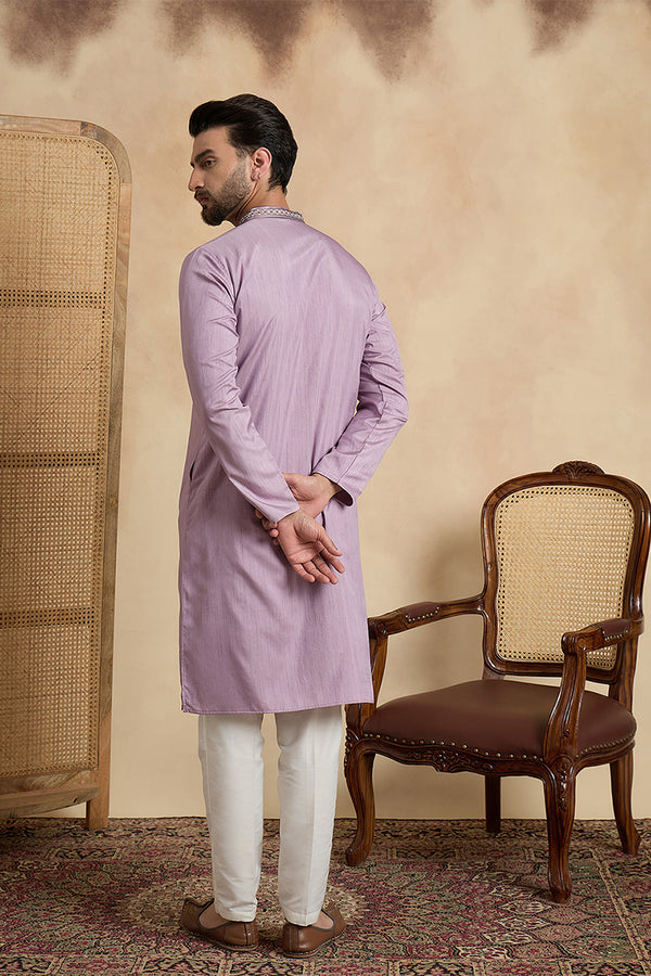 Lavender Silk Blend Solid Embroidered Straight Kurta With Trouser MKSET2527