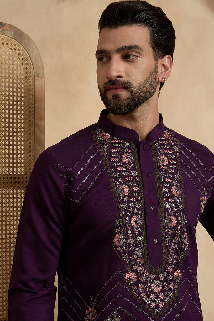 Violet Silk Blend Solid Embroidered Sequins Kurta MKU2532
