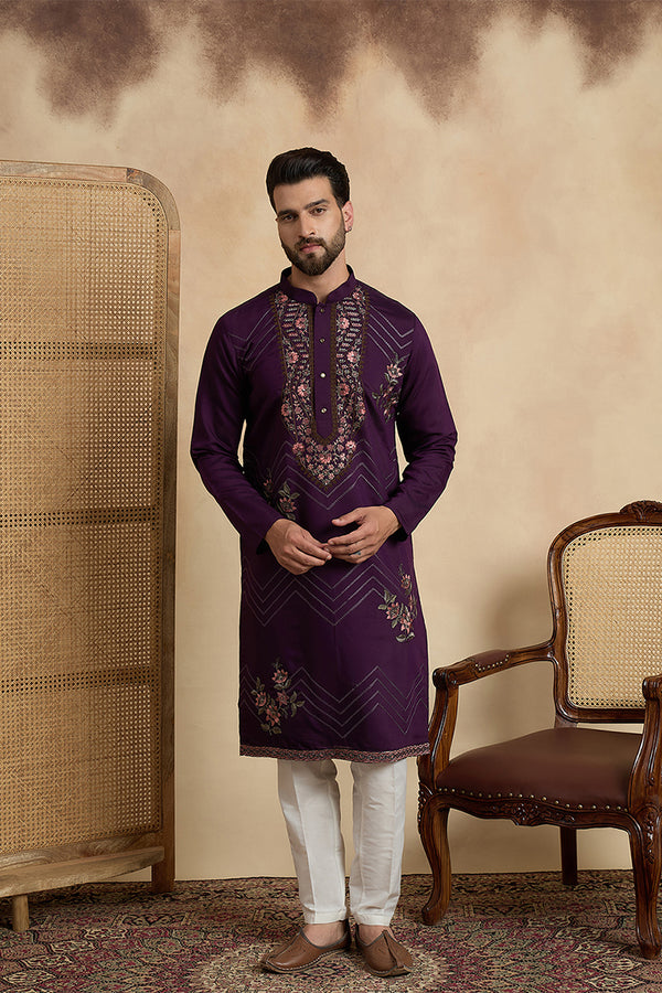 Violet Silk Blend Solid Embroidered Sequins Kurta MKU2532
