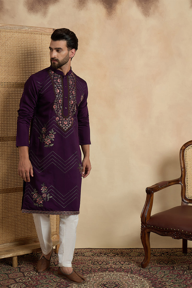 Violet Silk Blend Solid Embroidered Sequins Kurta With Trouser MKSET2532