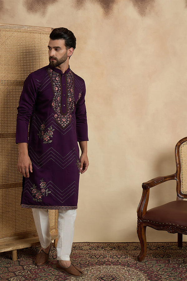 Violet Silk Blend Solid Embroidered Sequins Kurta MKU2532