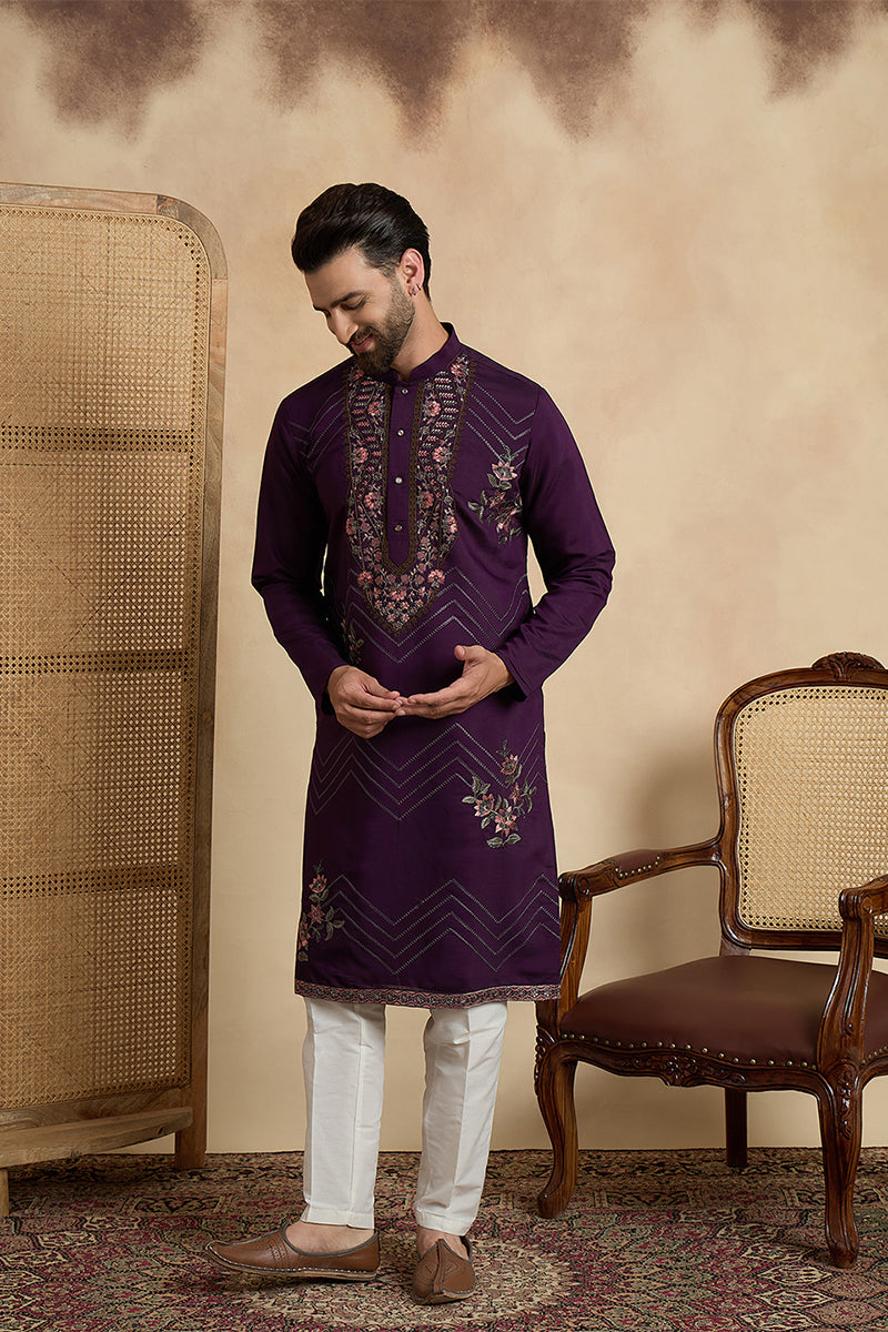 Violet Silk Blend Solid Embroidered Sequins Kurta MKU2532