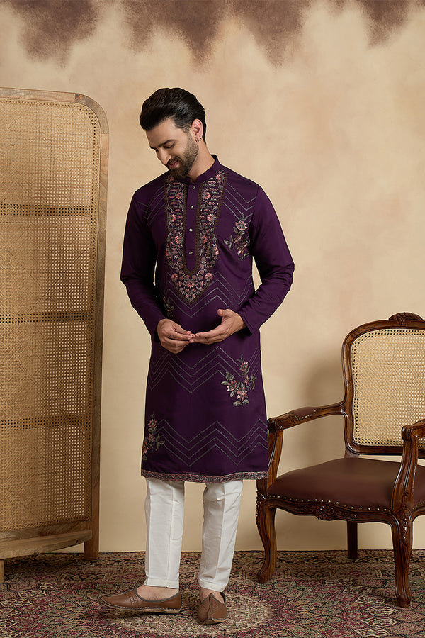 Violet Silk Blend Solid Embroidered Sequins Kurta With Trouser MKSET2532