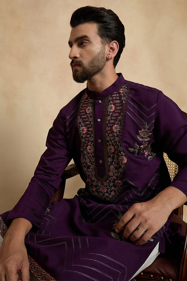 Violet Silk Blend Solid Embroidered Sequins Kurta MKU2532