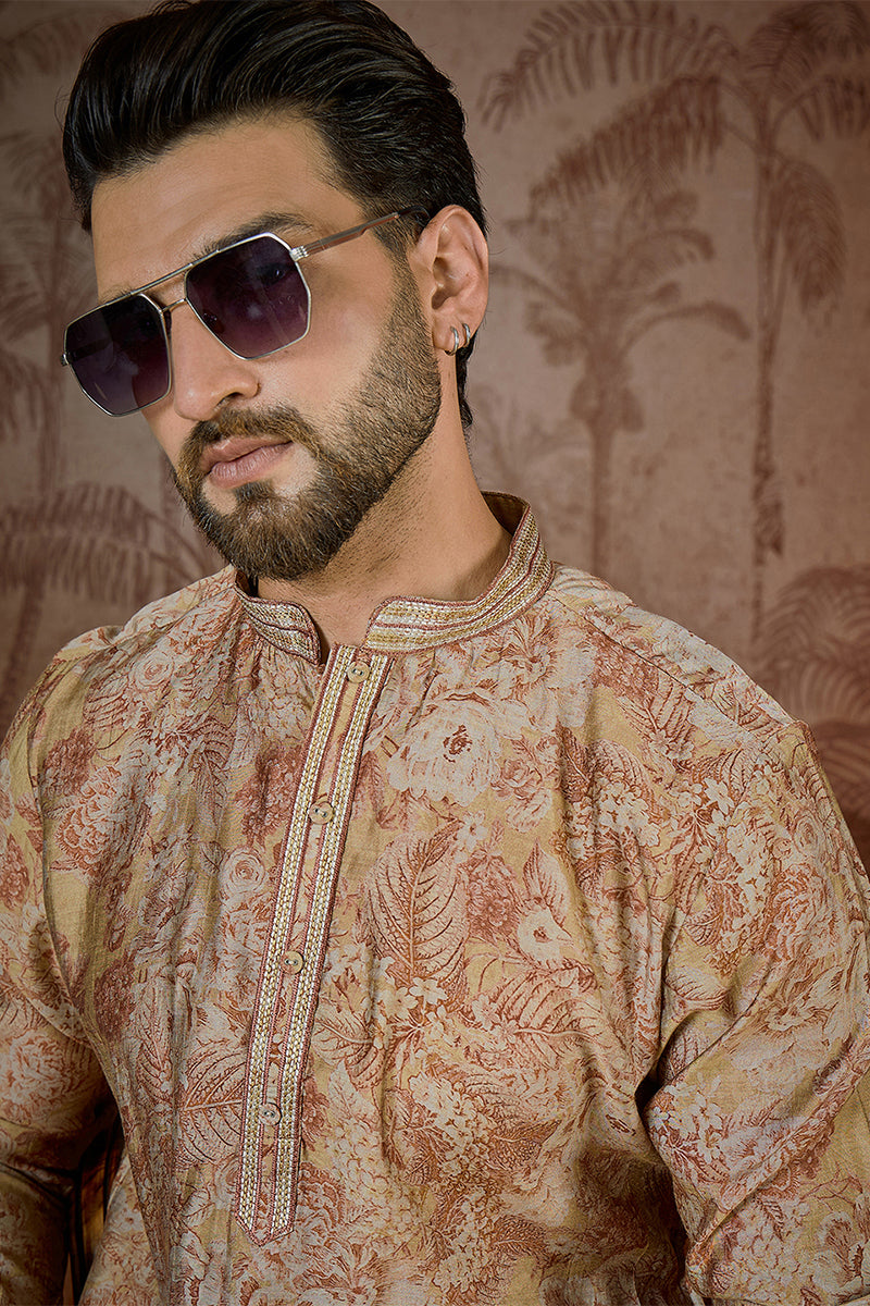 Beige Silk Blend Floral Printed  Kurta MKU2533