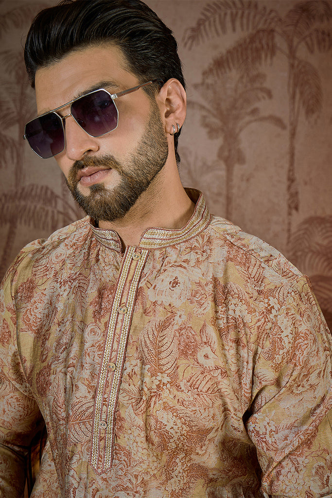 Beige Silk Blend Floral Printed  Kurta MKU2533