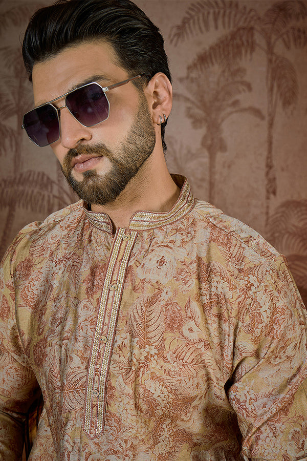 Beige Silk Blend Floral Printed  Kurta MKU2533