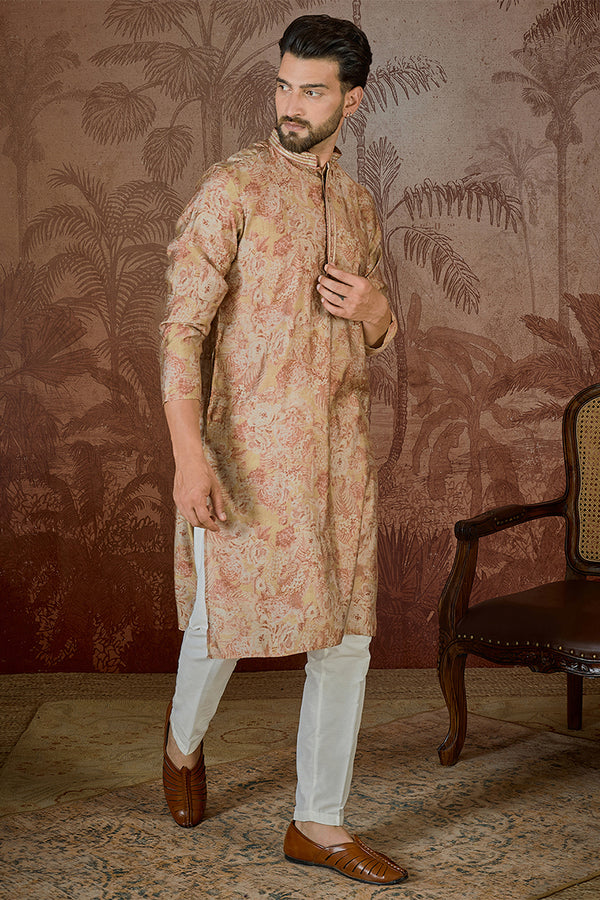 Beige Silk Blend Floral Printed  Kurta MKU2533
