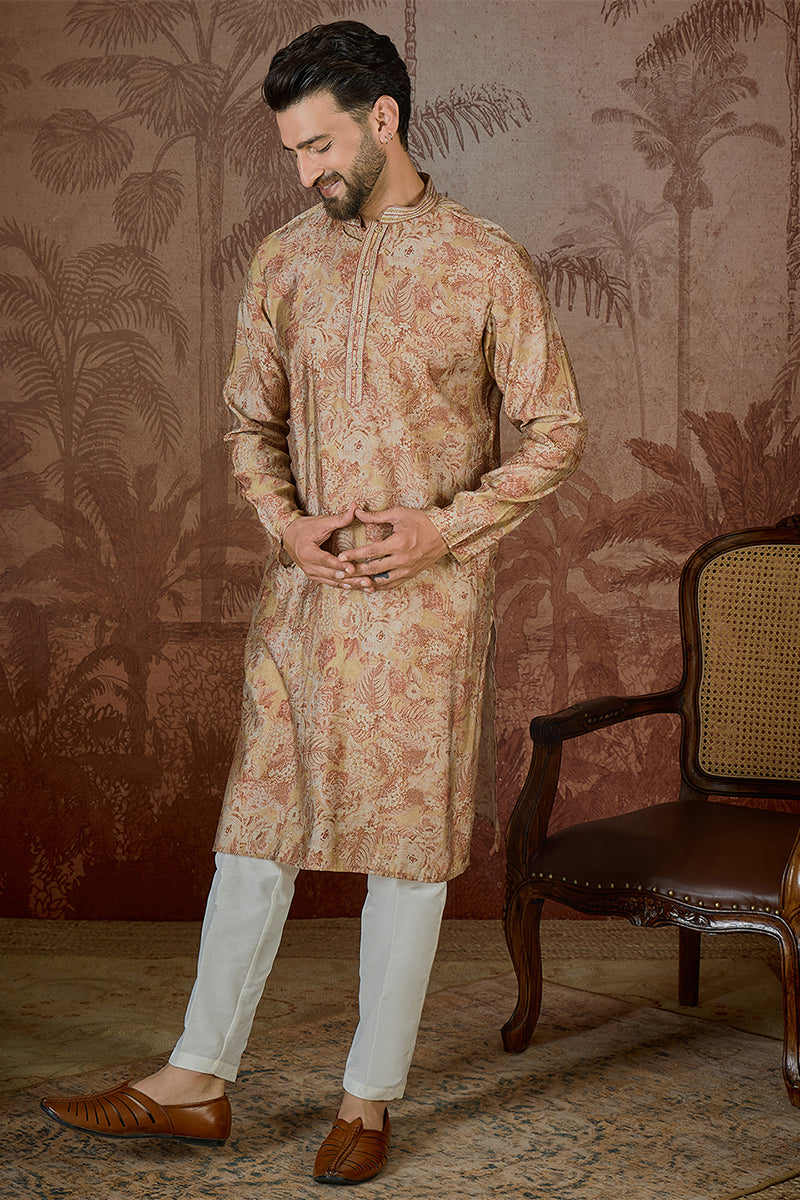 Beige Silk Blend Floral Printed  Kurta MKU2533