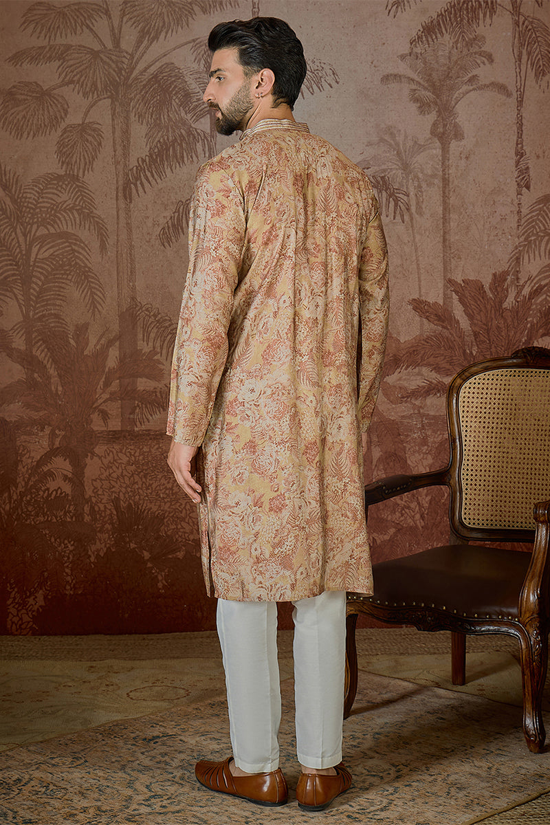 Beige Silk Blend Floral Printed  Kurta With Trouser MKSET2533