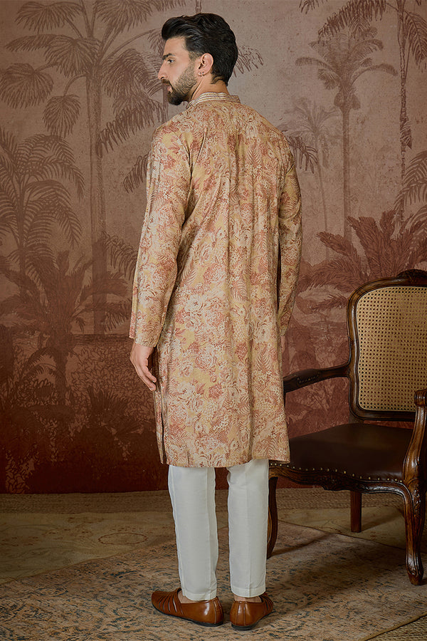 Beige Silk Blend Floral Printed  Kurta With Trouser MKSET2533