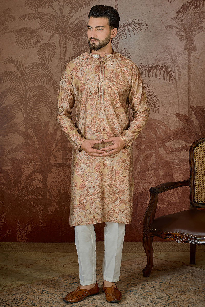Beige Silk Blend Floral Printed  Kurta MKU2533