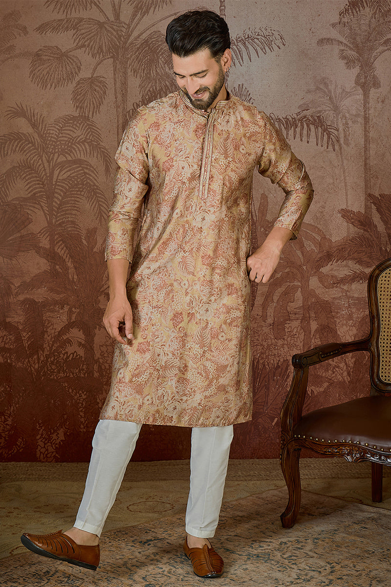 Beige Silk Blend Floral Printed  Kurta MKU2533