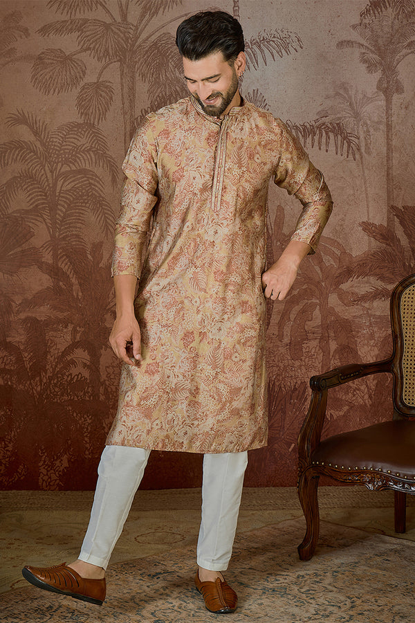 Beige Silk Blend Floral Printed  Kurta MKU2533