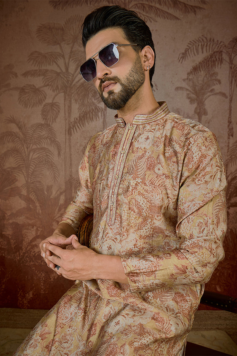 Beige Silk Blend Floral Printed  Kurta MKU2533