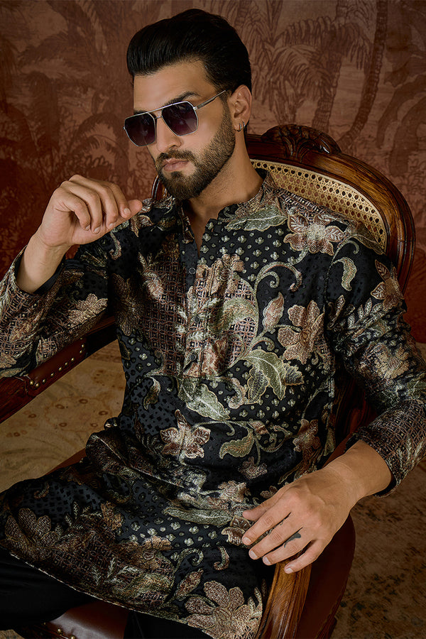 Black Velvet Floral Printed  Kurta MKU2540
