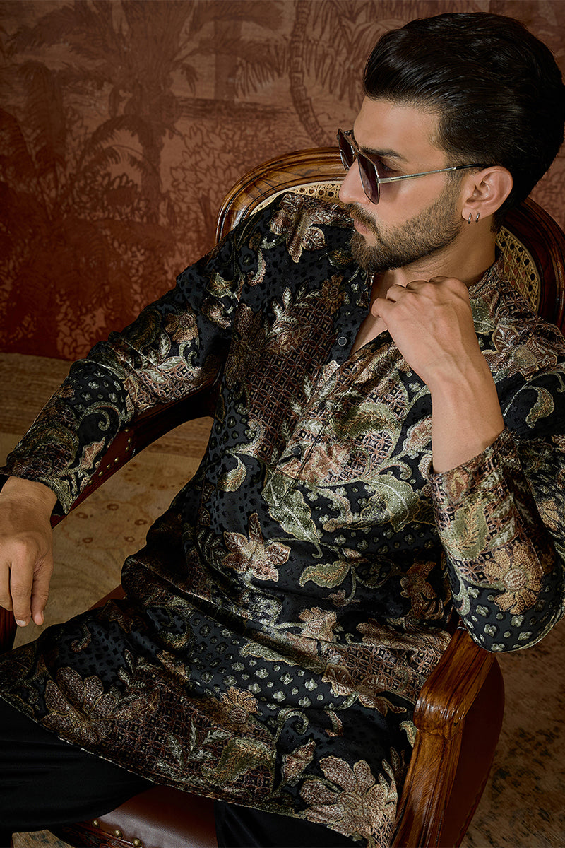 Black Velvet Floral Printed  Kurta MKU2540