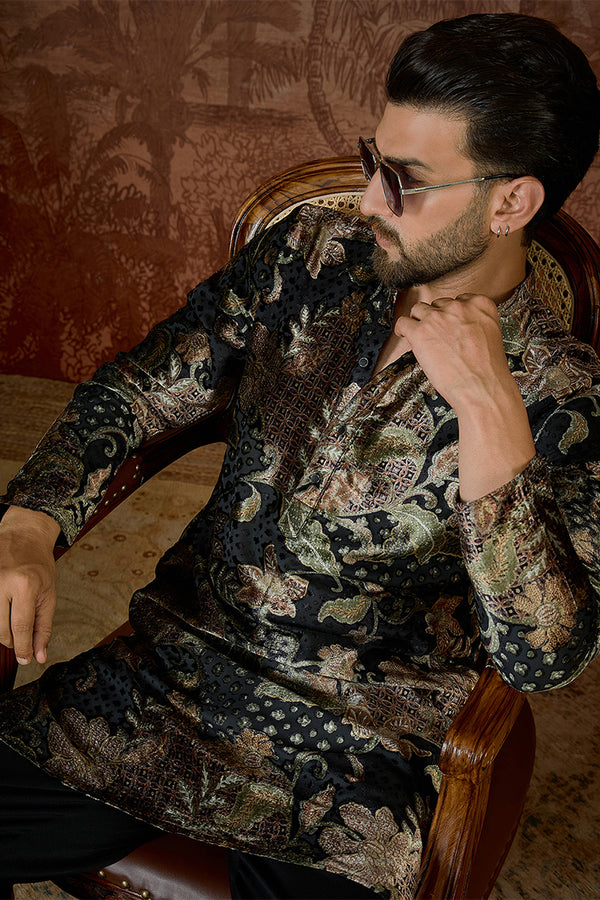 Black Velvet Floral Printed  Kurta MKU2540