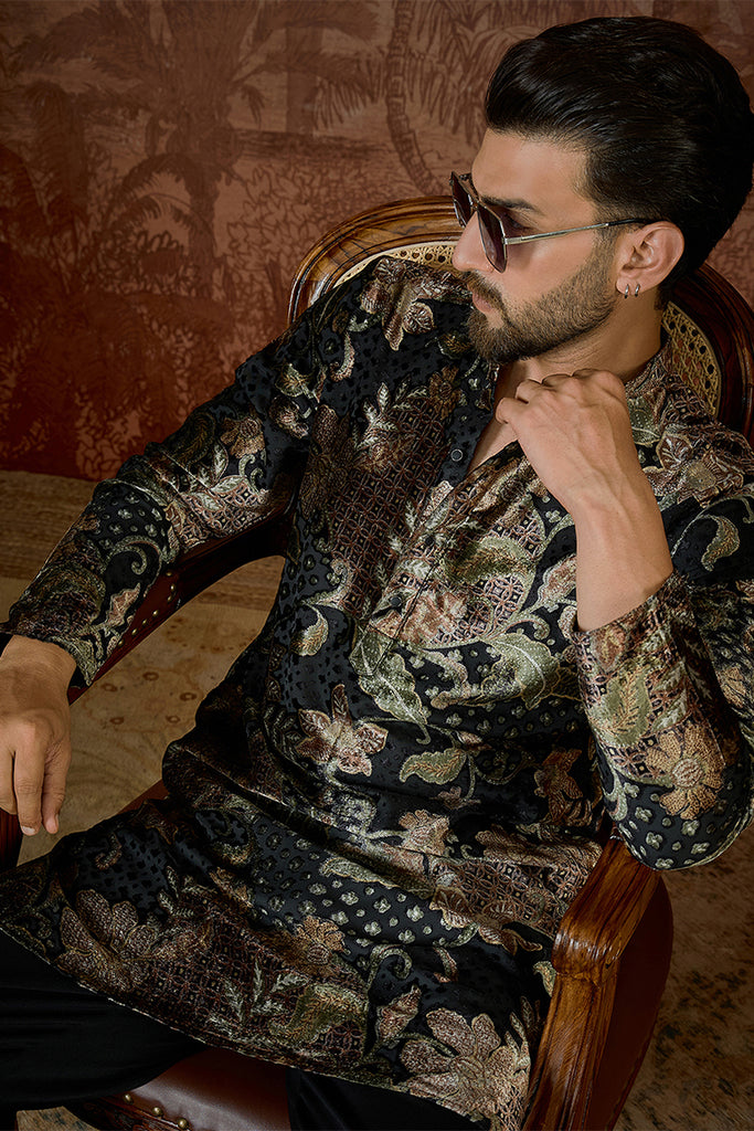 Black Velvet Floral Printed  Kurta With Trouser MKSET2540