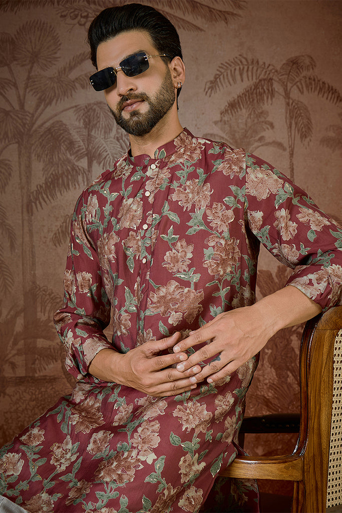 Maroon Silk Blend Floral Printed Kurta MKU2541
