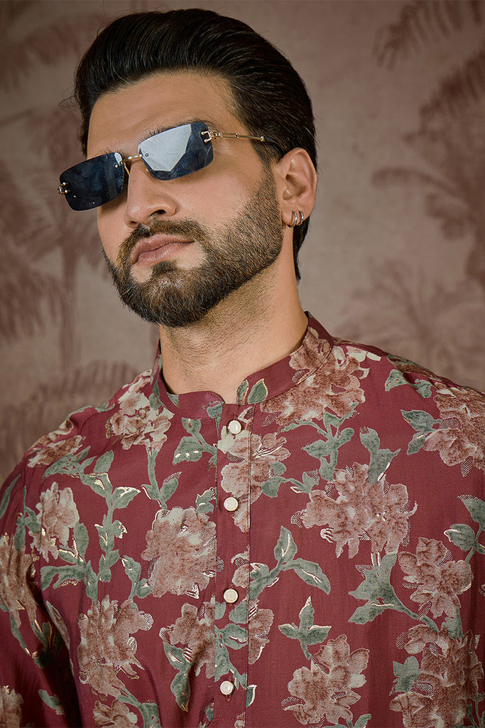 Maroon Silk Blend Floral Printed Kurta MKU2541