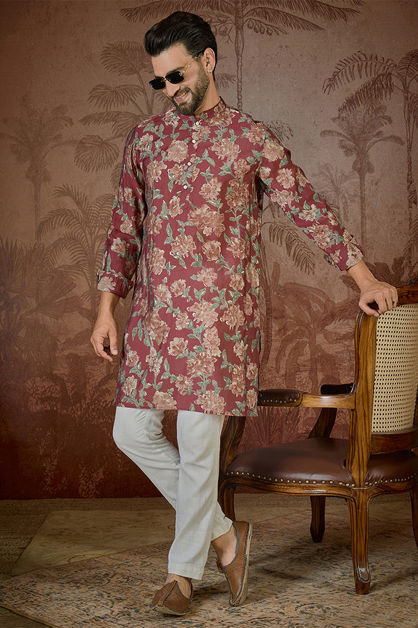 Maroon Silk Blend Floral Printed Kurta With Trouser MKSET2541