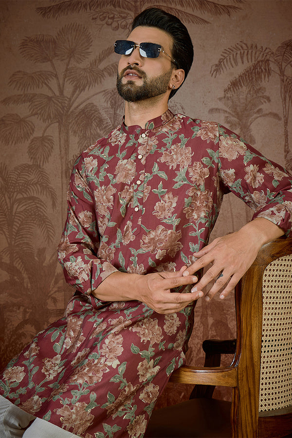 Maroon Silk Blend Floral Printed Kurta MKU2541