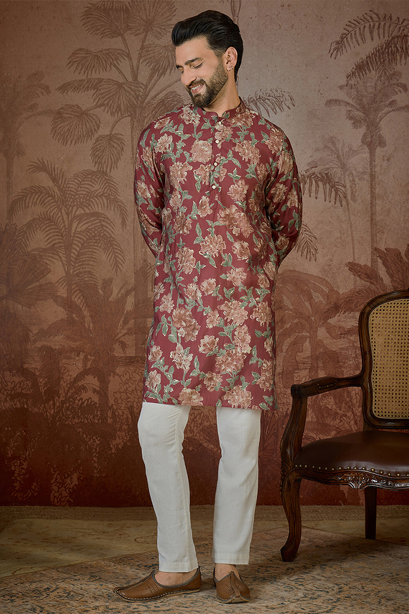 Maroon Silk Blend Floral Printed Kurta MKU2541