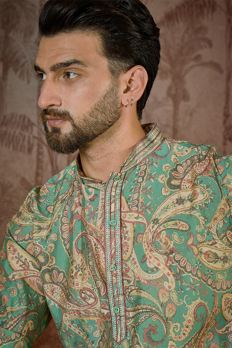 Green Silk Blend Ethnic Motifs Printed  Kurta With Trouser MKSET2544