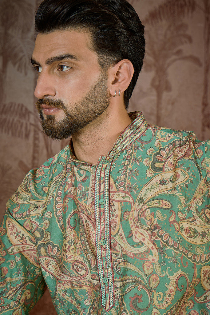 Green Silk Blend Ethnic Motifs Printed  Kurta With Trouser MKSET2544