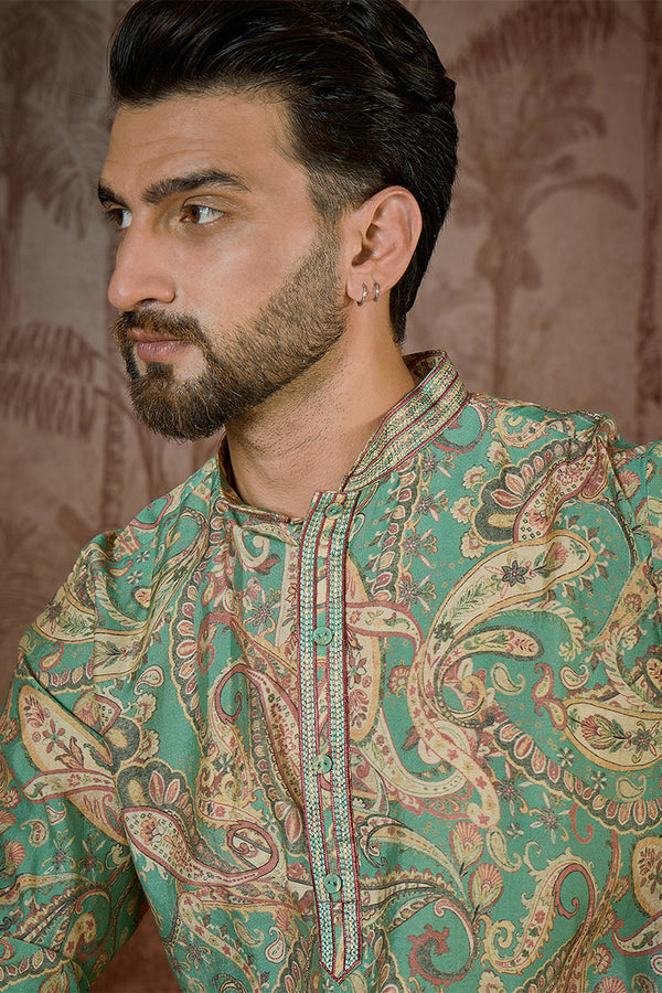 Green Silk Blend Ethnic Motifs Printed  Kurta MKU2544