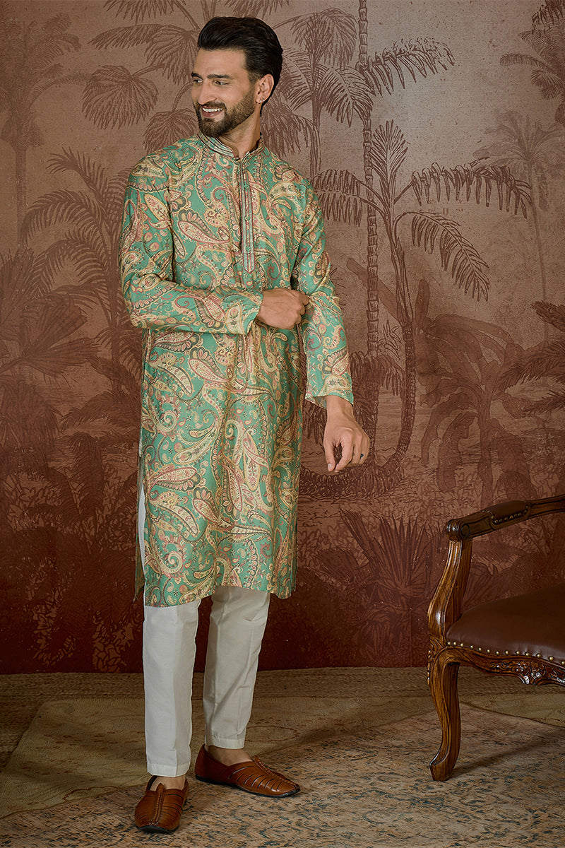 Green Silk Blend Ethnic Motifs Printed  Kurta With Trouser MKSET2544