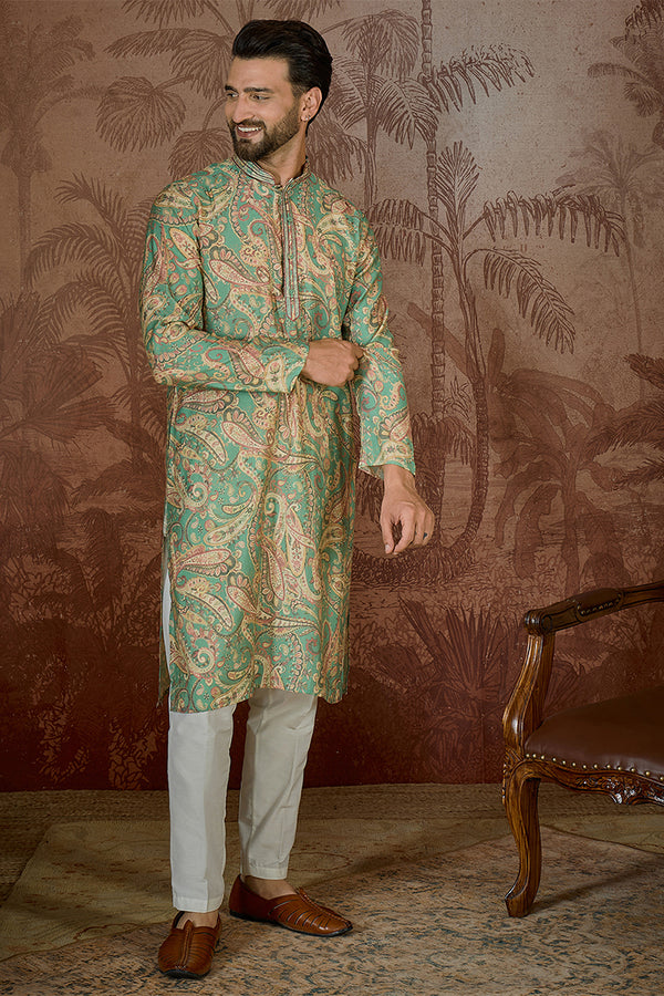 Green Silk Blend Ethnic Motifs Printed  Kurta MKU2544