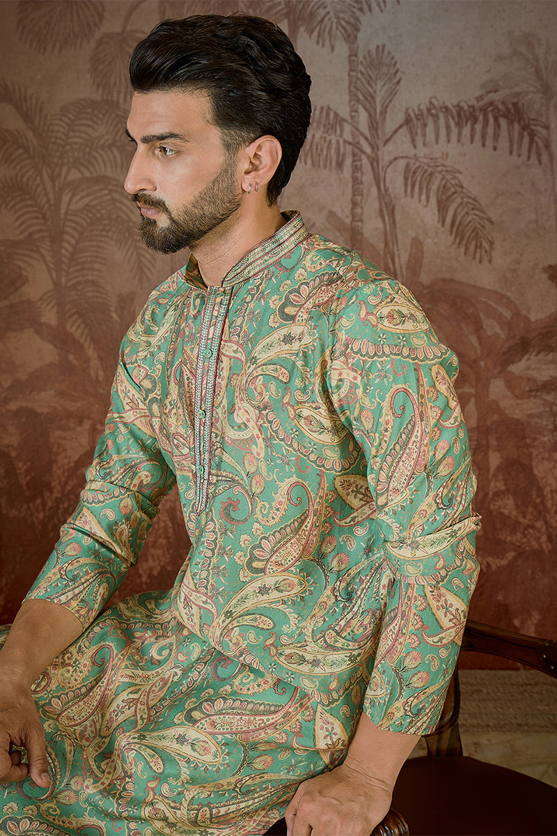Green Silk Blend Ethnic Motifs Printed  Kurta MKU2544