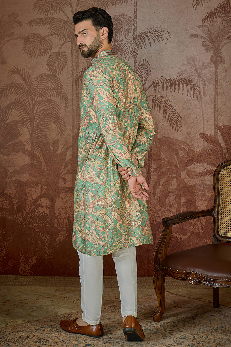 Green Silk Blend Ethnic Motifs Printed  Kurta With Trouser MKSET2544