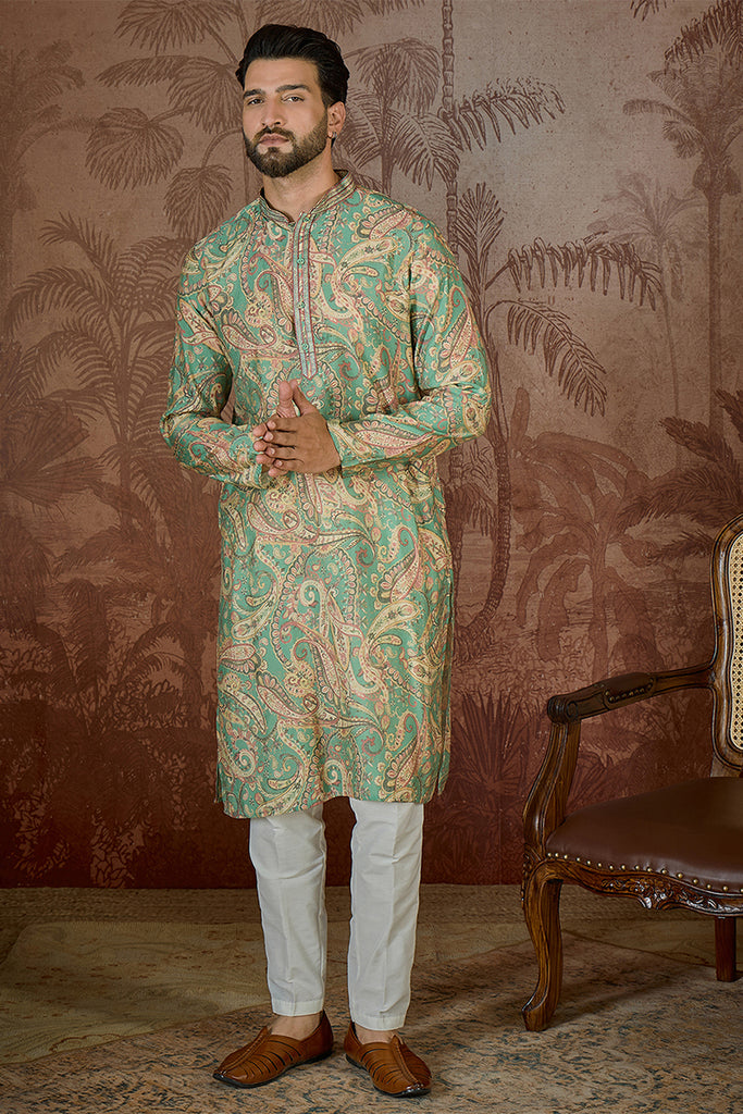 Green Silk Blend Ethnic Motifs Printed  Kurta With Trouser MKSET2544